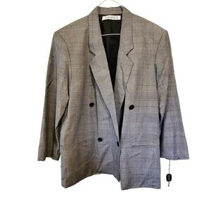 Tahari Womens Grey Glen Plaid Double Breasted Blazer Rayon Linen Made in USA 10